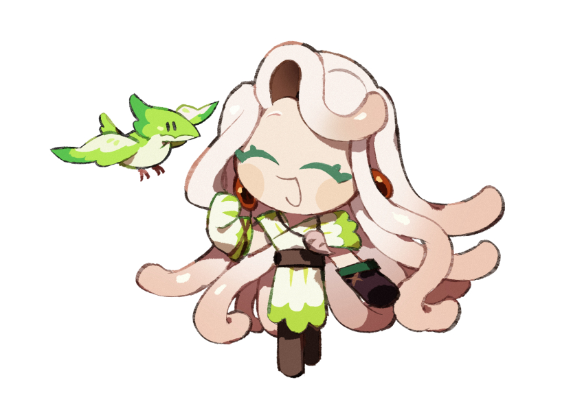 1girl, animal, bird, closed_eyes, colored_eyelashes, cookie_run, cookie_run:_ovenbreak, gradient_hair, highres, melvi0, multicolored_hair, simple_background, solo, starch_noodle_cookie, white_background, white_hair