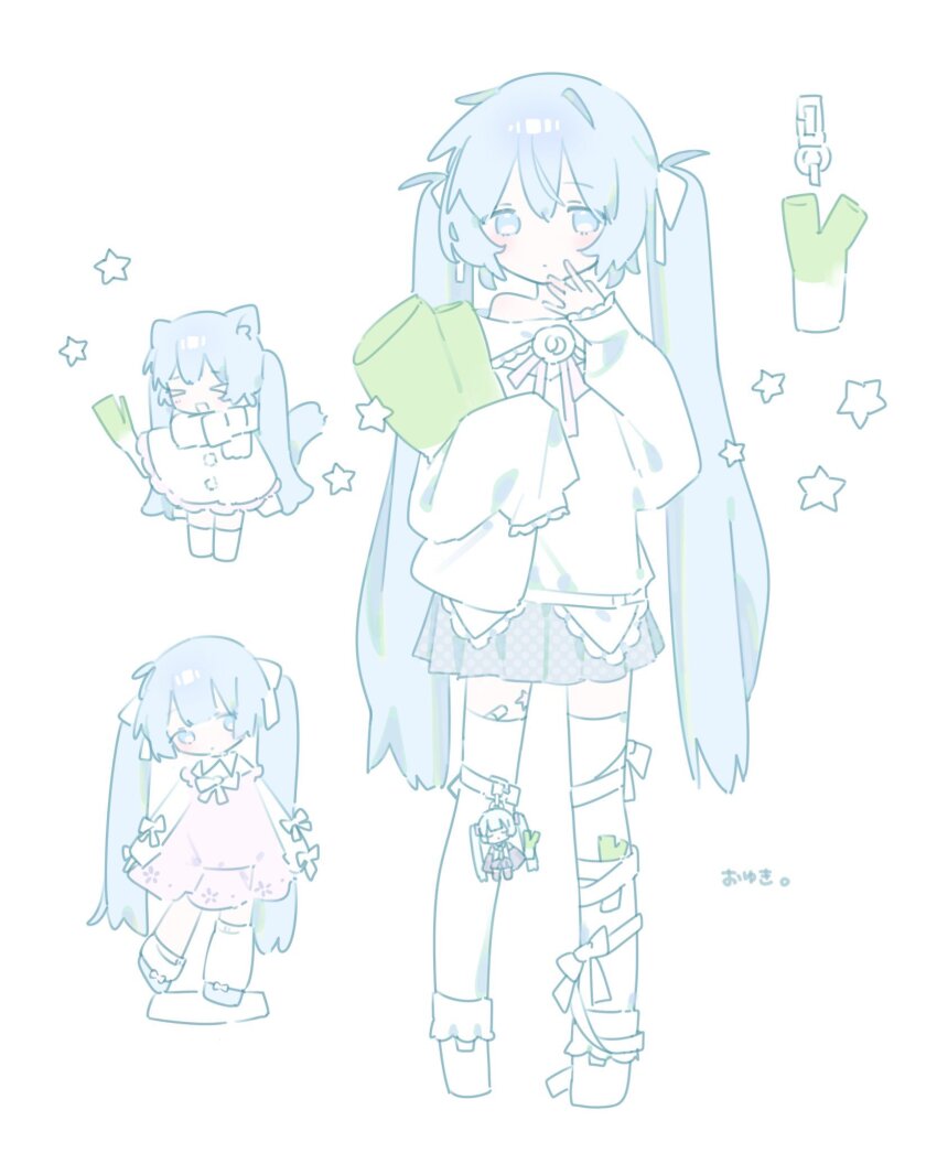 >_<, 1girl, :d, blue_eyes, blue_hair, chibi, closed_mouth, commentary, double-parted_bangs, dress, full_body, grey_skirt, hair_between_eyes, hand_up, hatsune_miku, highres, long_hair, long_sleeves, looking_at_viewer, miniskirt, multiple_views, open_mouth, oyuki._(yukiiii_saka), pink_dress, pleated_skirt, shirt, shoes, simple_background, skirt, sleeves_past_fingers, sleeves_past_wrists, smile, spring_onion, standing, star_(symbol), thighhighs, twintails, vocaloid, white_background, white_shirt, white_shoes, white_thighhighs, xd, zettai_ryouiki