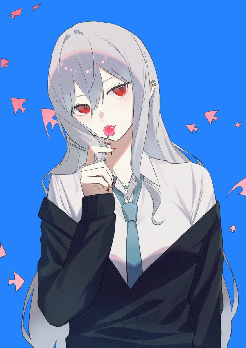 55555may, absurdres, alternate_costume, angelfish, aqua_necktie, arknights, black_sweater, blue_background