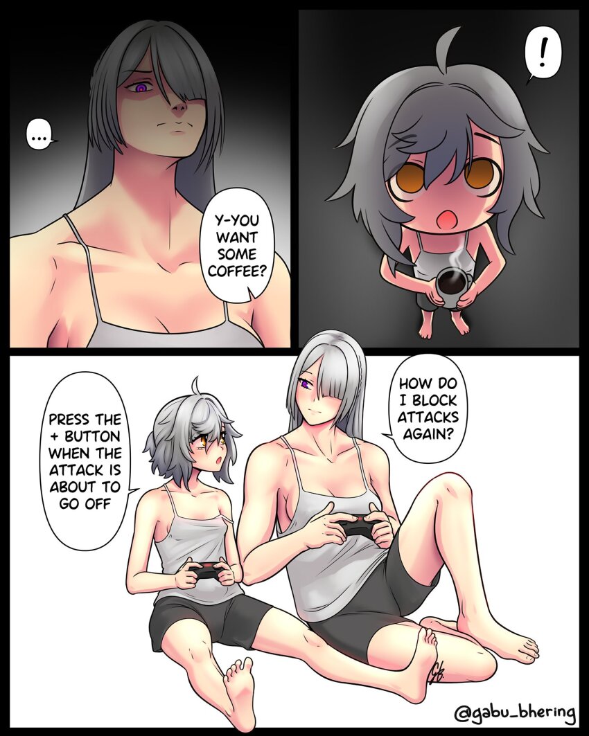 2girls, ak-15_(girls'_frontline), barefoot, black_shorts, breasts, chibi, coffee, coffee_mug