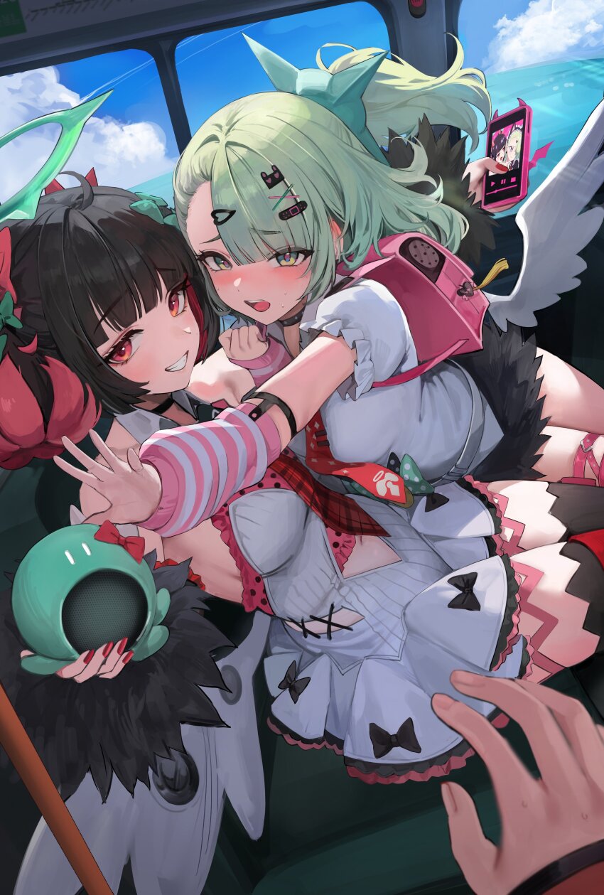 1boy, 2girls, absurdres, arm_warmers, bag, bandaid, bandaid_hair_ornament, black_hair