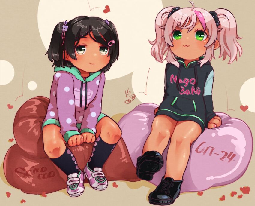 2girls, :3, black_hair, black_hoodie, black_socks, character_name, comandante_cappellini_(kancolle), commentary_request, dark-skinned_female, dark_skin, dress, full_body, green_eyes, heart, highres, hood, hooded_dress, hoodie, kantai_collection, long_hair, multiple_girls, oeoeuhoho, pink_hair, polka_dot, polka_dot_hoodie, polka_dot_sweater, purple_hoodie, purple_sweater, scirocco_(kancolle), scirocco_(valentine)_(kancolle), short_hair, sitting, socks, sweater, sweater_dress, twintails, uit-24_(kancolle), uit-24_(valentine)_(kancolle)