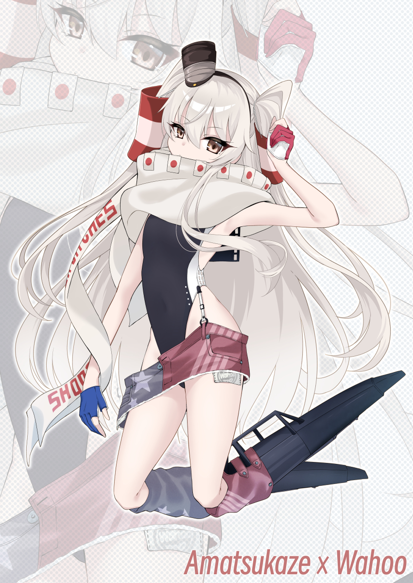 1girl, absurdres, amatsukaze_(kancolle), american_flag, american_flag_print, american_flag_skirt, asymmetrical_gloves, black_one-piece_swimsuit