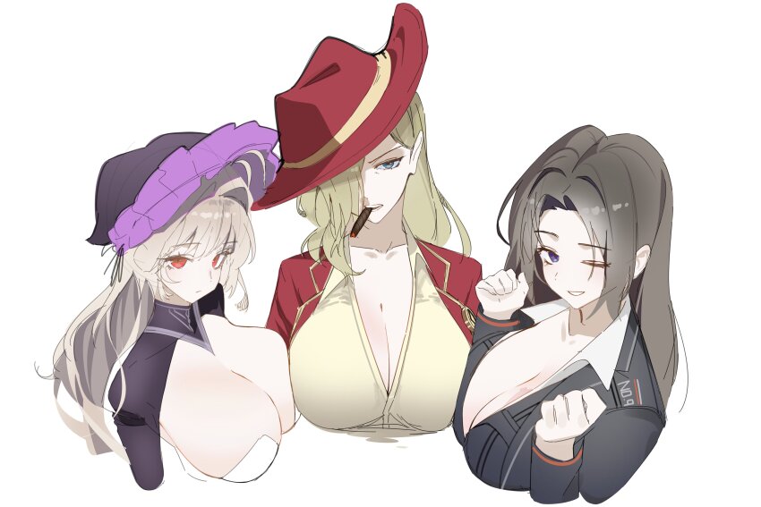 3girls, absurdres, blonde_hair, blue_eyes, bonnet, breasts, brown_hair, cigar