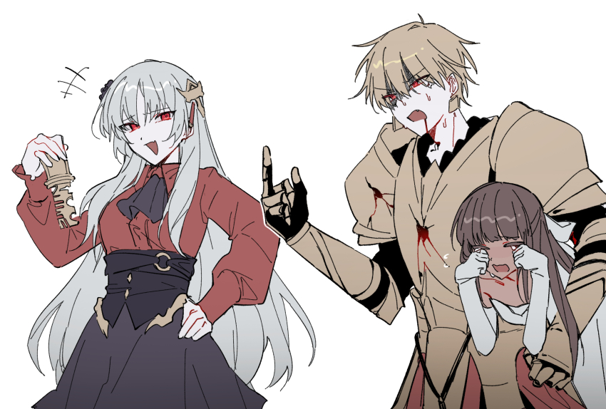 1boy, 2girls, alternate_skin_color, armor, ascot, belt, black_ascot, black_flower, black_skirt, blonde_hair, blood, blood_from_mouth, blood_on_arm, blood_on_armor, bow, breastplate, broken_armor, brown_hair, carrying, carrying_person, carrying_under_arm, chinese_commentary, collared_shirt, commentary_request, crying, dark-skinned_female, dark_skin, dress, earrings, elbow_gloves, evil_smile, fang, fate/strange_fake, fate_(series), fillia_(fate), flower, gilgamesh_(fate), gloves, gold_armor, gold_earrings, hair_between_eyes, hair_bow, hair_down, hair_flower, hair_ornament, half_updo, hand_on_own_hip, hand_up, hands_up, high-waist_skirt, highres, holding, holding_key, hole_in_arm, hole_in_chest, hole_on_body, index_finger_raised, injury, jewelry, key, lightened_skin, lioyu_f, long_hair, long_sleeves, multiple_girls, o-ring, o-ring_belt, open_mouth, pauldrons, puffy_long_sleeves, puffy_sleeves, red_eyes, red_shirt, revision, shirt, shirt_tucked_in, short_hair, shoulder_armor, simple_background, skin_fang, skirt, smile, tine_chelc, waist_cape, white_background, white_bow, white_dress, white_gloves, white_hair