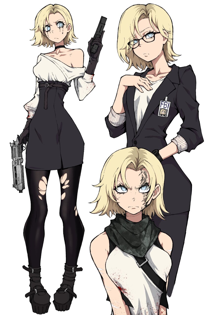 1girl, absurdres, black_skirt, blood, blood_on_clothes, blood_stain, boots, commentary, glasses, grace_ashcroft, high-waist_skirt, highres, kekel, makeup, off-shoulder_shirt, off_shoulder, official_alternate_costume, pantyhose, requiem_(gun), resident_evil, resident_evil_requiem, runny_makeup, scarf, shirt, single_bare_shoulder, skirt, torn_clothes, torn_pantyhose