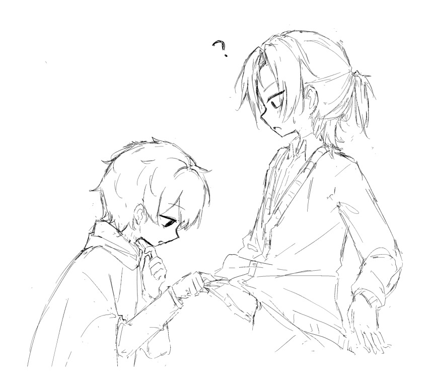 2boys, ?, assisted_exposure, cardigan, cardigan_lift, chinese_commentary, cloak, clothes_lift, collared_shirt, commentary_request, confused, cropped_torso, dress_shirt, from_side, greyscale, groin, half_updo, height_difference, highres, hood, hood_down, hooded_cloak, hyoutenka_30-do_no_zetsubou, kuchinashi_dabi, long_sleeves, medium_hair, monochrome, multiple_boys, navel, profile, qian_ceng_su, sanpaku, shirt, shirt_lift, short_hair, sketch, staring, stomach, surprised, thinking, tonimura_yui, yaoi