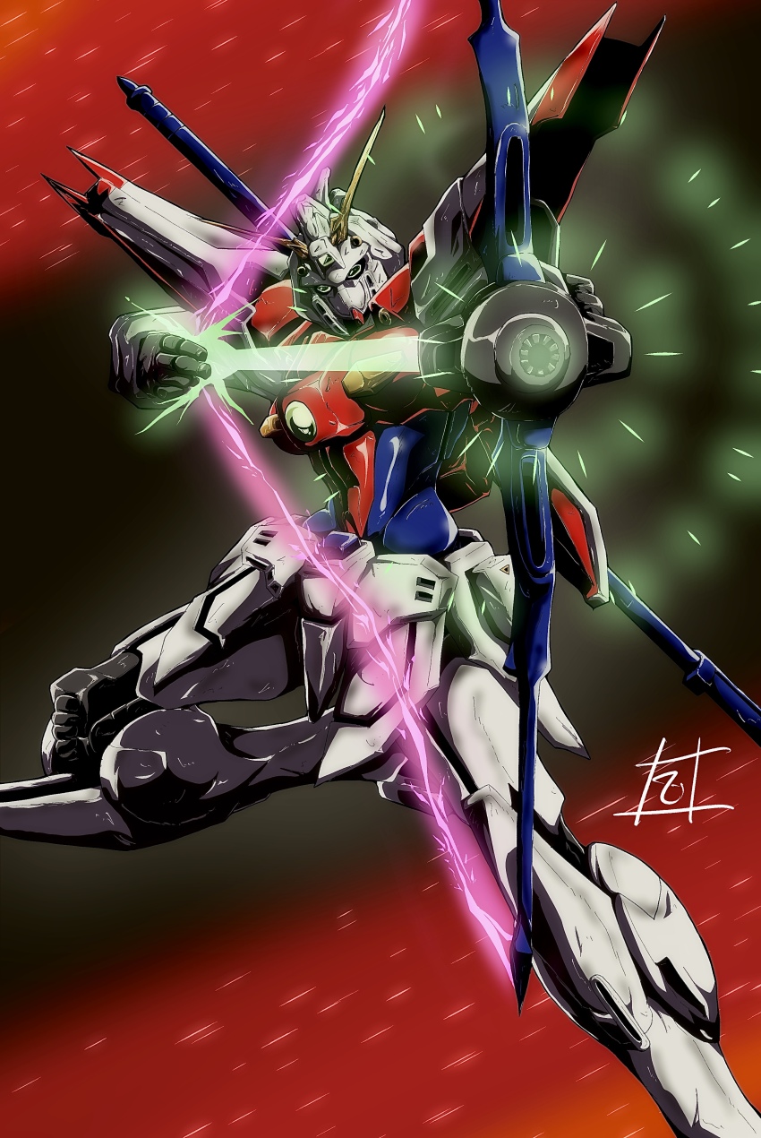 1990s_(style), absurdres, aiming, anime_coloring, armor, arrow_(projectile), artist_name, bow_(weapon), chest_jewel, commentary_request, energy_arrow, energy_bow_(weapon), g_gundam, gem, glowing, glowing_weapon, green_eyes, green_gem, gundam, highres, joints, mecha, mecha_focus, mobile_suit, no_humans, no_pupils, retro_artstyle, rising_gundam, robot, robot_joints, science_fiction, shoulder_armor, signature, sind_ngmhn28, space, v-fin, weapon