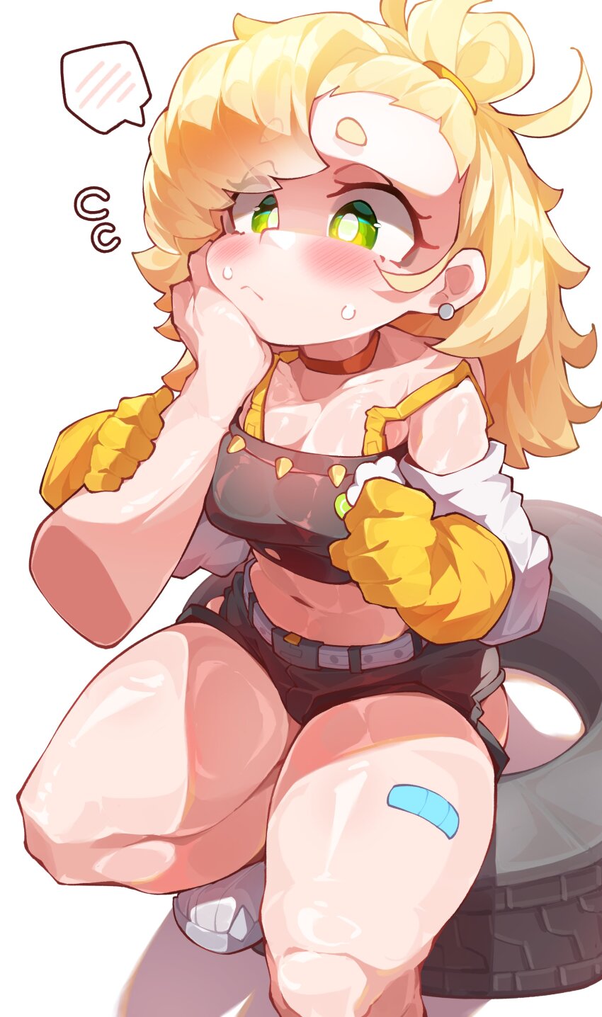 1girl, 1other, absurdres, bandaid, bandaid_on_leg, black_shirt, black_shorts, blonde_hair