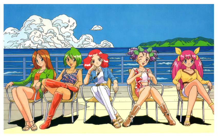 1990s_(style), 5girls, ai_tenshi_densetsu_wedding_peach, antenna_hair, balcony, blue_eyes, boots, border
