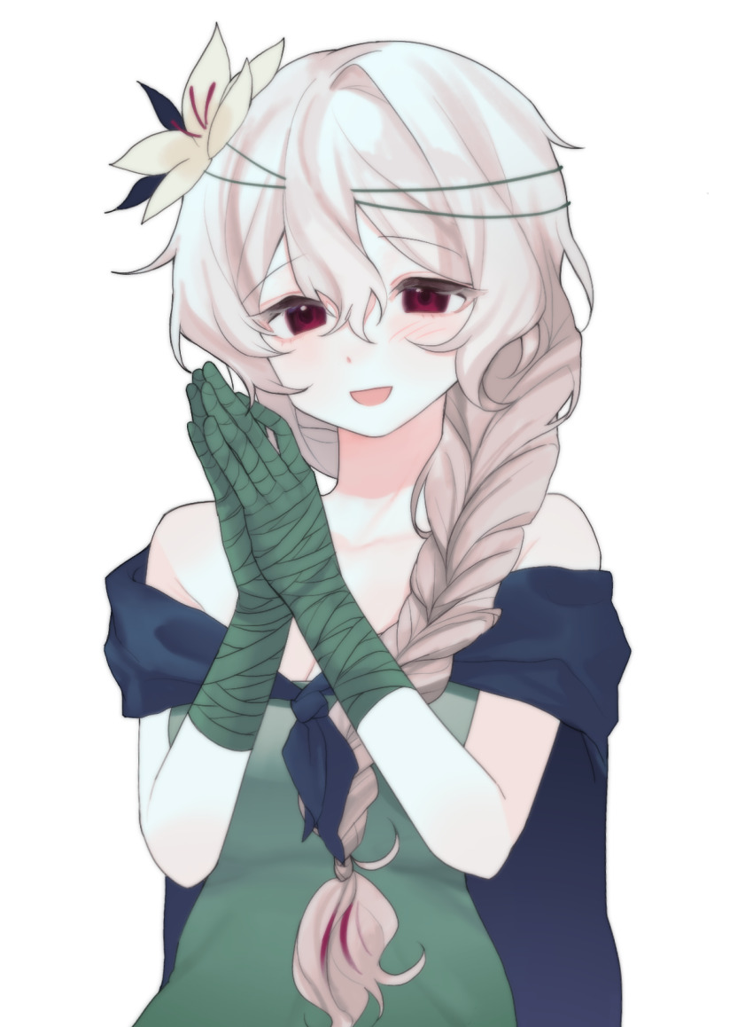 :d, alternate_skin_color, bandaged_arm, bandages, bare_arms, bare_shoulders, blue_cape, blush, braid, braided_ponytail, breasts, cape, collarbone, commentary_request, cookie_run, cookie_run:_kingdom, double-parted_bangs, dress, duuduupower, flower, green_dress, hair_between_eyes, hair_flower, hair_ornament, hair_over_shoulder, hair_tie, hands_up, highres, humanization, korean_commentary, long_hair, looking_at_viewer, open_mouth, own_hands_together, pale_skin, raised_eyebrows, red_eyes, sidelocks, simple_background, single_braid, single_hair_intake, small_breasts, smile, strapless, strapless_dress, upper_body, very_long_hair, white_background, white_hair, white_lily, white_lily_cookie