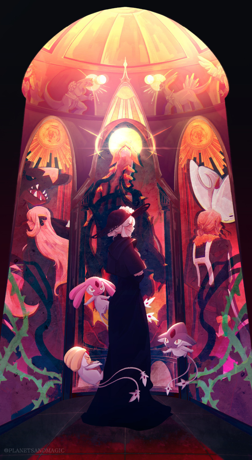 1boy, 2girls, ancestor_and_descendant, artist_name, azelf, black_dress, black_hat, blonde_hair, closed_eyes, closed_mouth, cogita_(pokemon), commentary, crossed_arms, cynthia_(pokemon), dialga, dress, english_commentary, forehead_jewel, garchomp, gen_4_pokemon, giratina, giratina_(origin), hat, highres, hisuian_braviary, kleavor, legendary_pokemon, long_hair, mesprit, multiple_girls, nintendo, palkia, planetsandmagic, pokemon, pokemon_(creature), pokemon_diamond/pearl/platinum, pokemon_legends:_arceus, short_hair, smile, thorns, togekiss, uxie, volo_(pokemon), white_hair, yellow_eyes