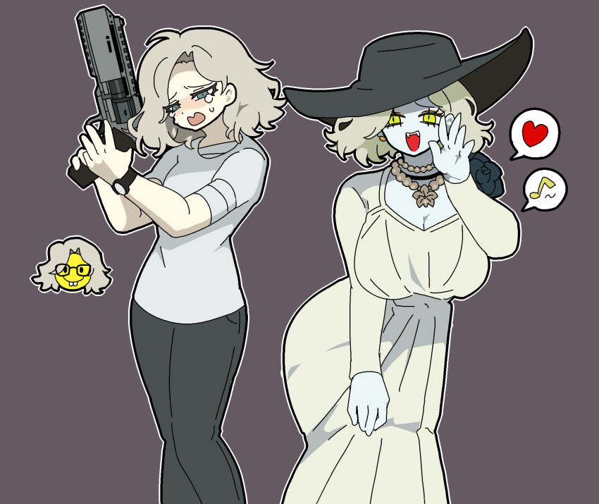 1girl, :d, ahoge, alcina_dimitrescu, alcina_dimitrescu_(cosplay), alternate_costume, asymmetrical_bangs, black_hat