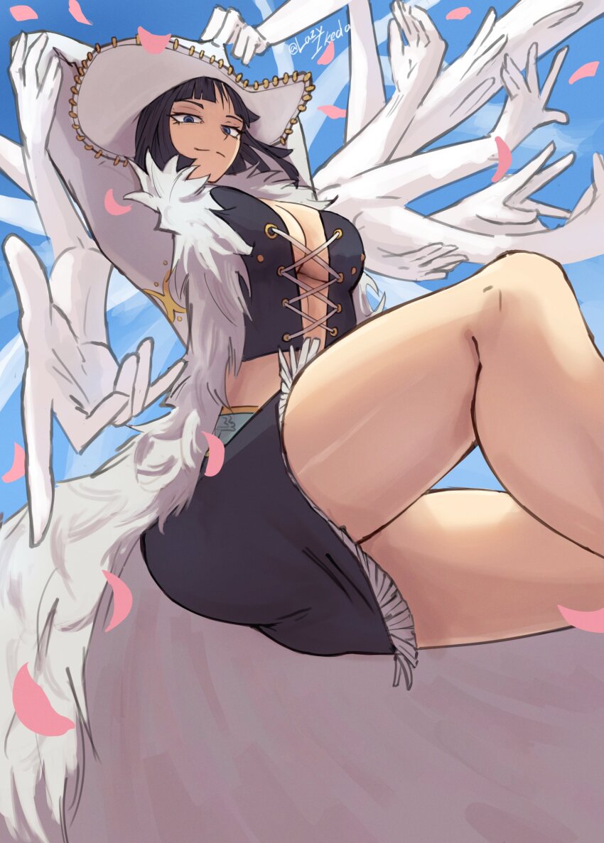 1girl, 2026, absurdres, arms_behind_head, bare_legs, black_hair, blue_sky, blunt_bangs