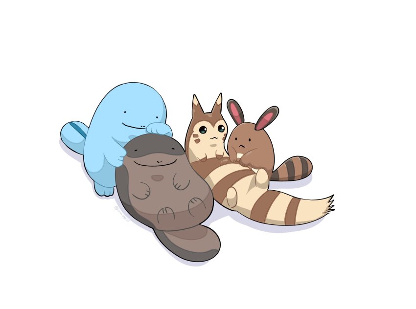 black_eyes, clodsire, closed_mouth, commentary_request, evolutionary_line, furret, gen_2_pokemon, green_eyes