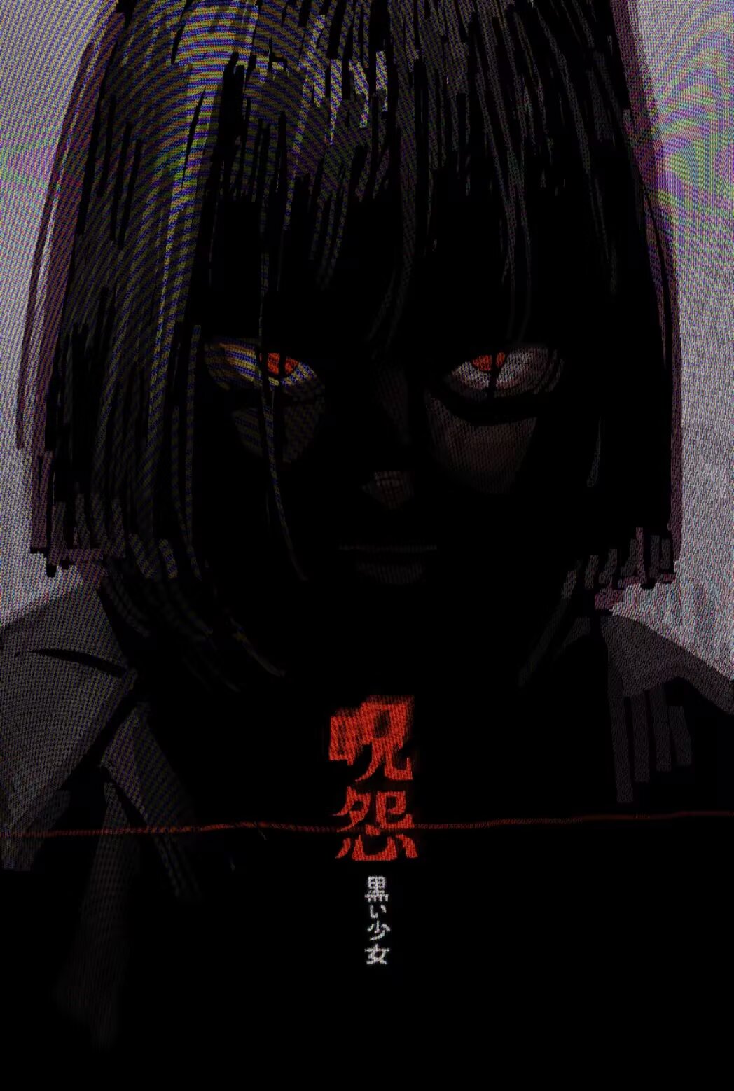 1girl, black_hair, bob_cut, close-up, closed_mouth, expressionless, highres, horror_(theme)