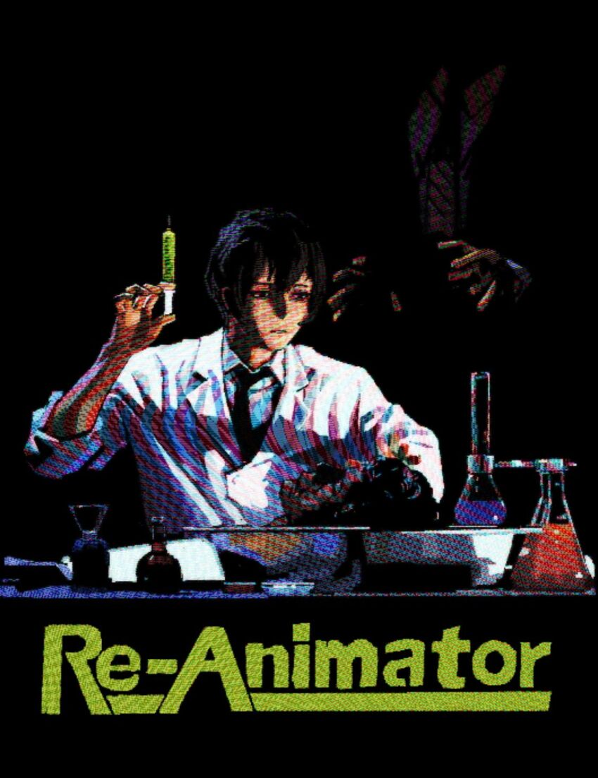 1boy, black_background, black_eyes, black_hair, black_necktie, closed_mouth, english_text, herbert_west_~_reanimator