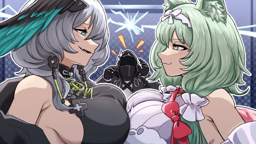 1other, 2girls, animal_ear_fluff, animal_ears, aqua_eyes, arknights, bare_shoulders, black_dress