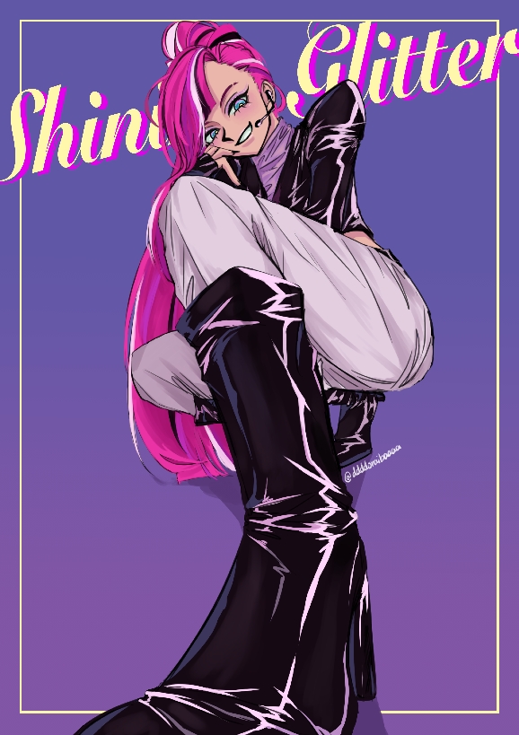 1girl, boots, commentary, cookie_run, cookie_run:_ovenbreak, cropped_jacket, eyebrow_cut, eyelashes, eyeshadow, glitter, glitter_makeup, hand_on_own_face, headset, long_hair, makeup, multicolored_hair, pants, pink_hair, shining_glitter_cookie, smile, untranslatable_commentary, user_jpkr3484