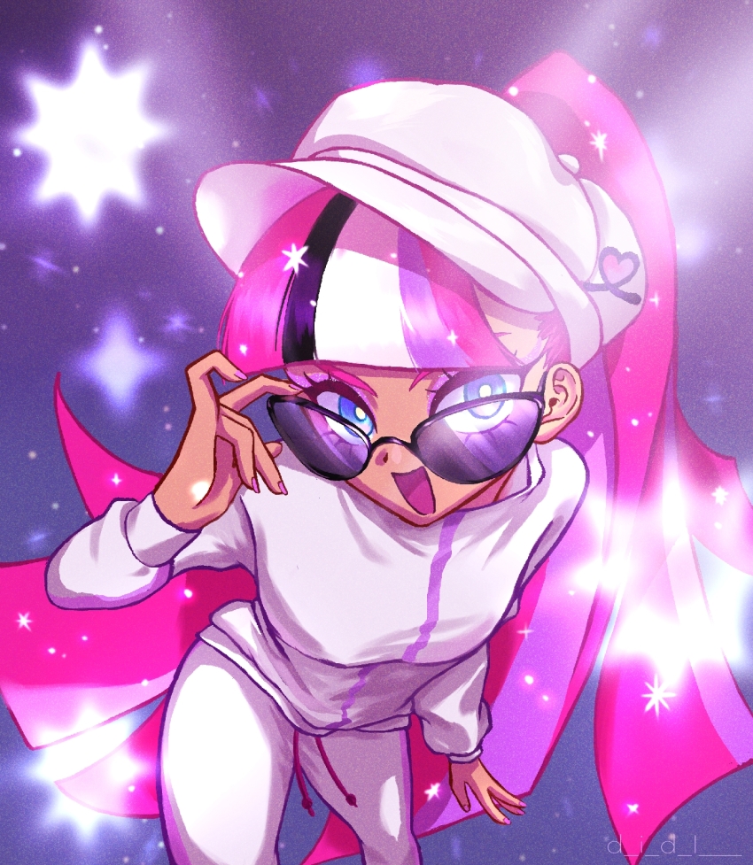 1girl, commentary, cookie_run, cookie_run:_ovenbreak, eyelashes, glitter, glitter_in_hair, hat, heart, highres, jacket, korean_commentary, leaning_forward, long_hair, multicolored_hair, nail_polish, pants, pink_hair, pink_nails, shining_glitter_cookie, smile, sunglasses, user_jpkr3484