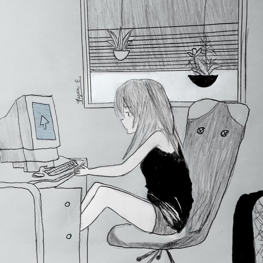1girl, computer, computer_keyboard, computer_mouse, facing_to_the_side, grey_background, grey_sky, looking_to_the_side