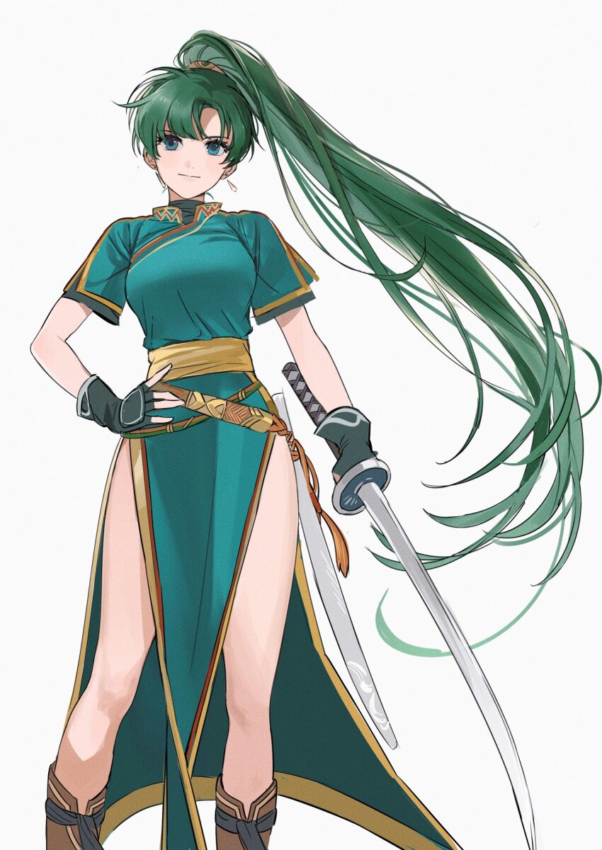 1girl, bare_legs, blue_dress, blue_eyes, boots, breasts, brown_boots, commentary, dress, earrings, english_commentary, fingerless_gloves, fire_emblem, fire_emblem:_the_blazing_blade, gloves, green_hair, grey_background, hand_on_own_hip, highres, holding, holding_sword, holding_weapon, jewelry, katana, ketaku0404, large_breasts, long_hair, lyn_(fire_emblem), nintendo, pelvic_curtain, ponytail, sash, smile, sword, weapon, yellow_sash
