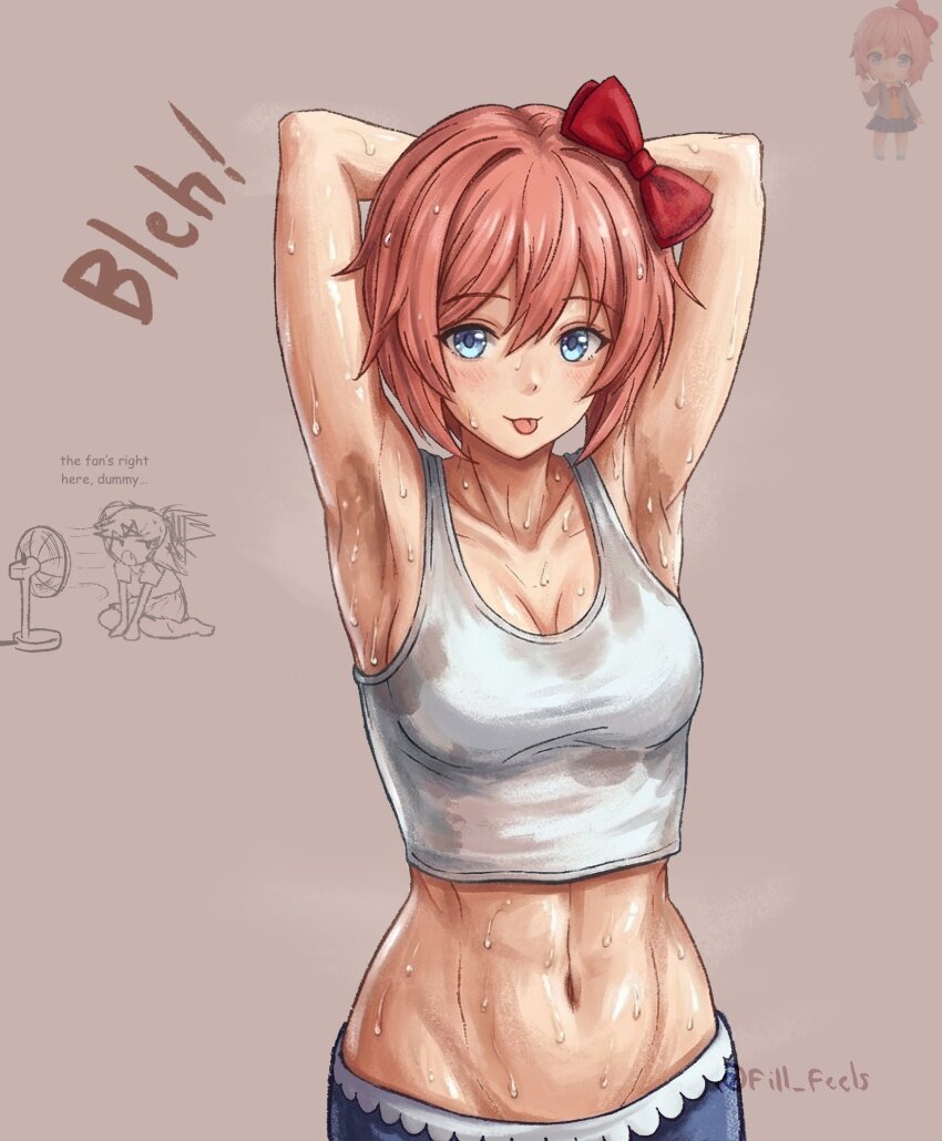 2girls, abs, arm_behind_head, armpits, blue_eyes, blush, breasts, brown_hair, cleavage, closed_mouth, doki_doki_literature_club, doodle_inset, electric_fan, english_text, fill_feels, hands_up, highres, looking_at_another, looking_at_viewer, looking_to_the_side, medium_breasts, midriff, multiple_girls, natsuki_(doki_doki_literature_club), navel, no_bra, sayori_(doki_doki_literature_club), short_hair, solo_focus, sweat, sweaty_clothes, tank_top, tongue, tongue_out, upper_body, very_sweaty, white_tank_top
