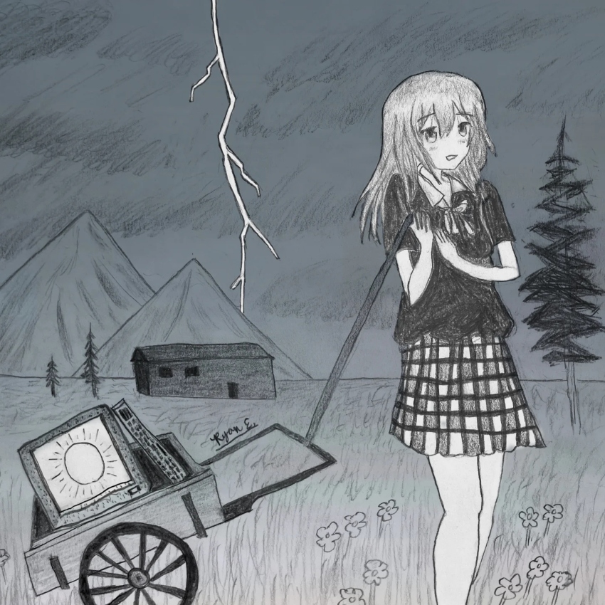 1girl, computer, computer_keyboard, gray, grey_background, grey_sky, greyscale, highres