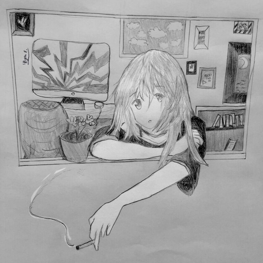 1girl, black_shirt, cigarette, grey_background, greyscale, holding, holding_cigarette, looking_at_viewer, messy_hair, messy_room, monochrome, ryan_ellipsis, self-upload, shirt, smoking, window