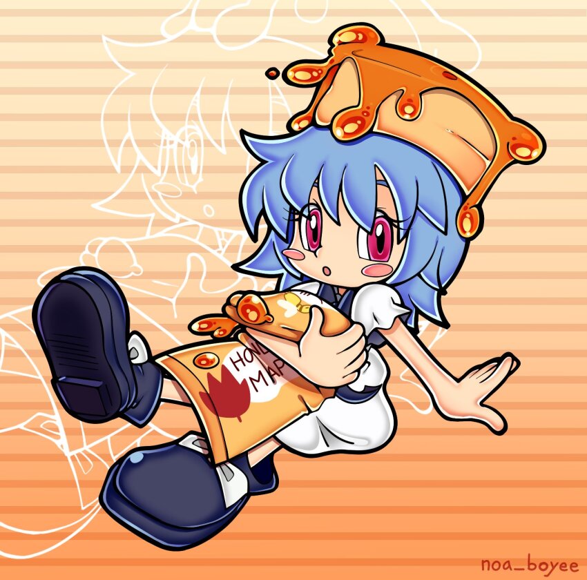 artist_name, biscuit_(bread), bisuke-tan, blue_hair, blush, condiment_packet, highres, kfc, looking_at_viewer, maple_syrup, noa_boyee, parody, sonic_(series), style_parody, syrup