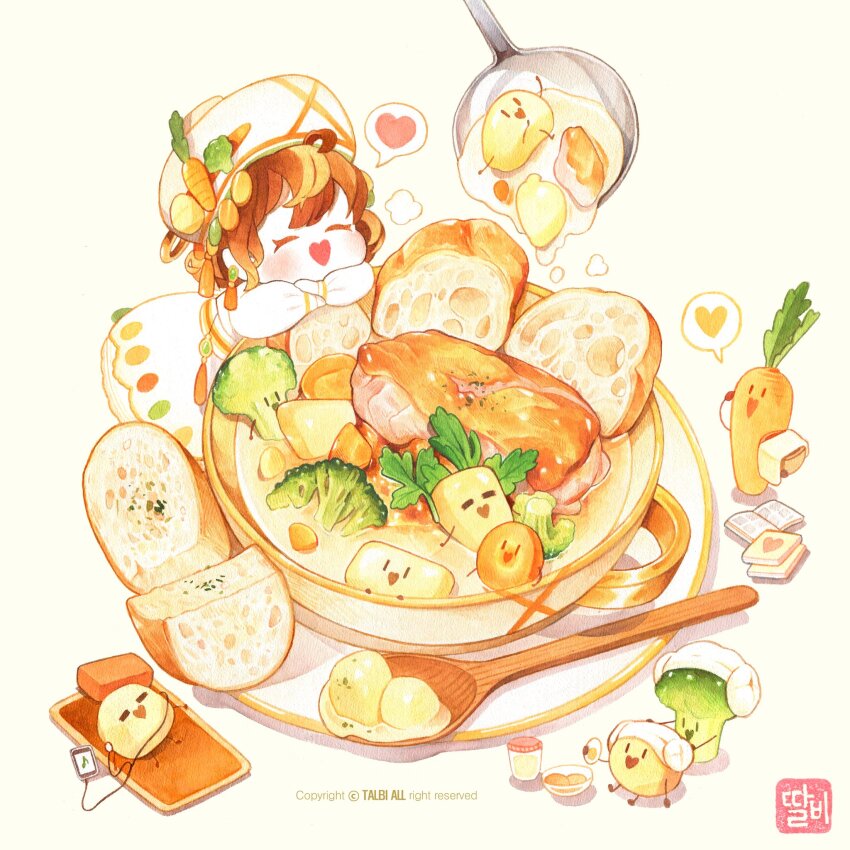 1girl, blush, book, bowl, bread, broccoli, brown_hair, carrot