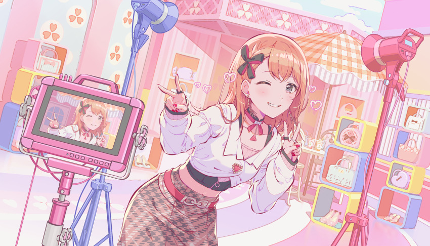 1girl, bag, belt, black_collar, black_ribbon, black_shirt, bow, braid, braided_bangs, breasts, brooch, brown_skirt, chair, clover, collar, collarbone, collared_jacket, colorful_palette, cowboy_shot, cropped_jacket, cropped_shirt, detached_collar, dot_nose, double_v, fingernails, game_cg, gem, grey_eyes, grin, hair_ribbon, hanasato_minori, heart, high_collar, highres, jacket, jewelry, light_blush, long_sleeves, looking_at_viewer, medium_hair, midriff_peek, milkshake, multiple_rings, nail_polish, neck_ribbon, official_alternate_costume, official_alternate_hair_ornament, official_art, one_eye_closed, open_up_new_horizons!_(project_sekai), orange_hair, pencil_skirt, pink_shirt, project_sekai, recording, red_belt, red_gem, red_nails, red_ribbon, ribbon, ring, shirt, shoes, skirt, sleeves_past_wrists, small_breasts, smile, solo, swept_bangs, table, tablet_pc, tablet_stand, teeth, third-party_source, two-tone_ribbon, two-tone_shirt, umbrella, unworn_shoes, upper_body, v, white_bow, white_jacket