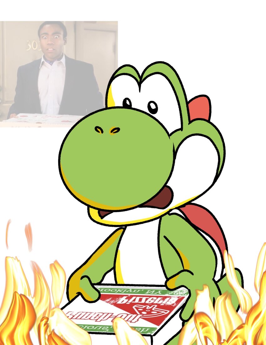 1boy, black_eyes, carolinerdraws, childish_gambino, colored_skin, commentary, community_(series), community_fire_pizza_(meme)