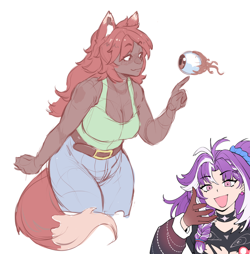 2girls, animal_ears, artagoneztic, blue_pants, breasts, brown_eyes, character_request, cleavage