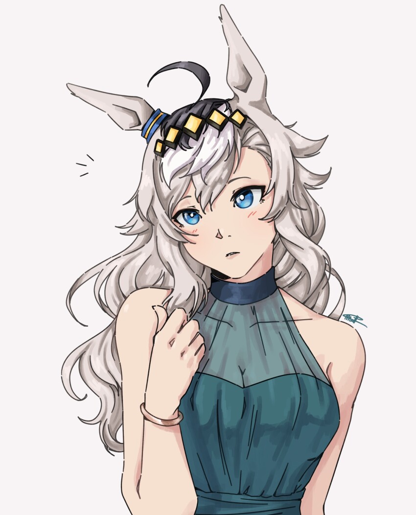 1girl, absurdres, ahoge, animal_ears, bare_shoulders, blue_dress, blue_eyes, blush