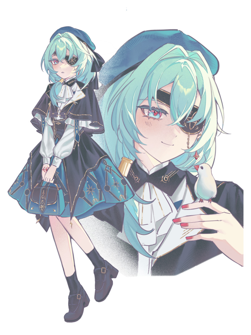 1girl, anaxa_(honkai:_star_rail), anaxa_(impression)_(honkai:_star_rail), ankle_socks, ascot, bag, beret, bird, bird_on_hand, black_capelet, black_overskirt, black_shoes, black_socks, black_vest, blue_eyes, capelet, closed_mouth, commentary, cropped_torso, eyepatch, full_body, genderswap, genderswap_(mtf), green_bag, green_hair, green_hat, green_skirt, hair_between_eyes, hair_over_shoulder, hand_tattoo, handbag, hat, highres, holding, holding_bag, honkai:_star_rail, honkai_(series), long_hair, long_sleeves, looking_at_animal, looking_at_viewer, mary_janes, miiilkfoam, multicolored_eyes, multiple_views, nail_polish, official_alternate_costume, parted_lips, pink_eyes, red_nails, red_tattoo, shirt, shoes, simple_background, skirt, smile, socks, tattoo, two-tone_eyes, untranslatable_commentary, vest, white_ascot, white_bird, white_shirt
