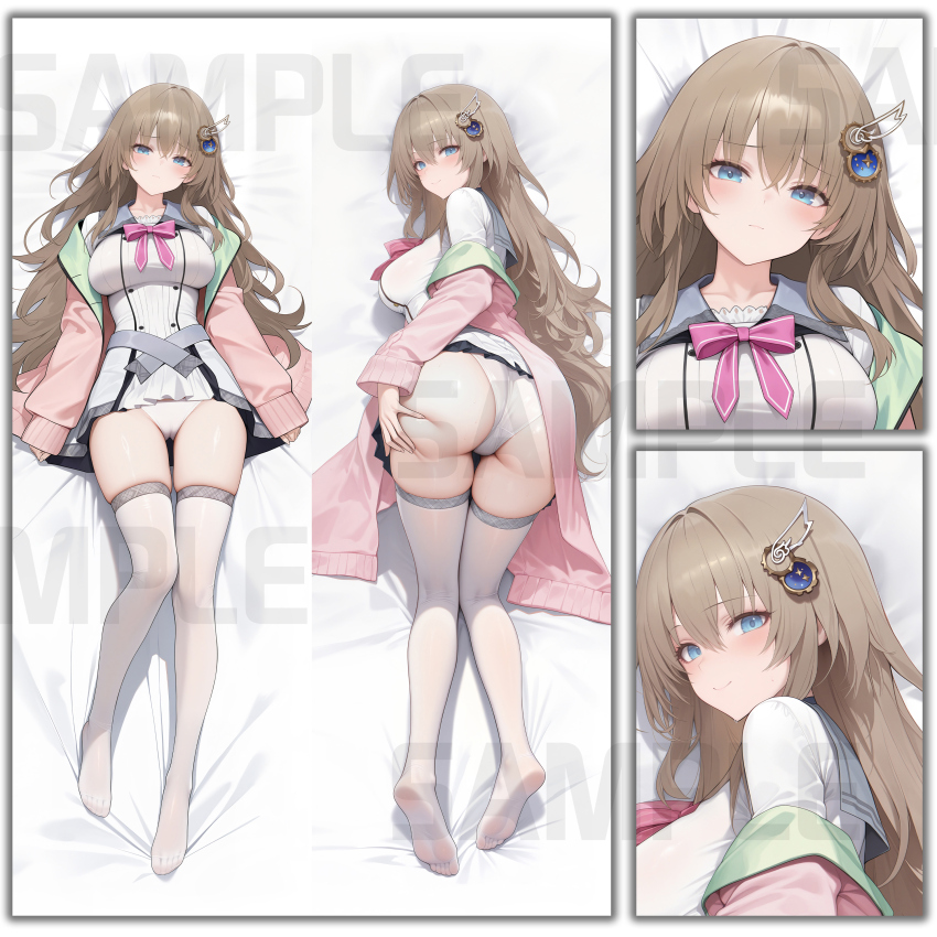 1girl, 9-nine-, absurdres, ass, bed_sheet, belt, bilingual_commentary, blue_eyes