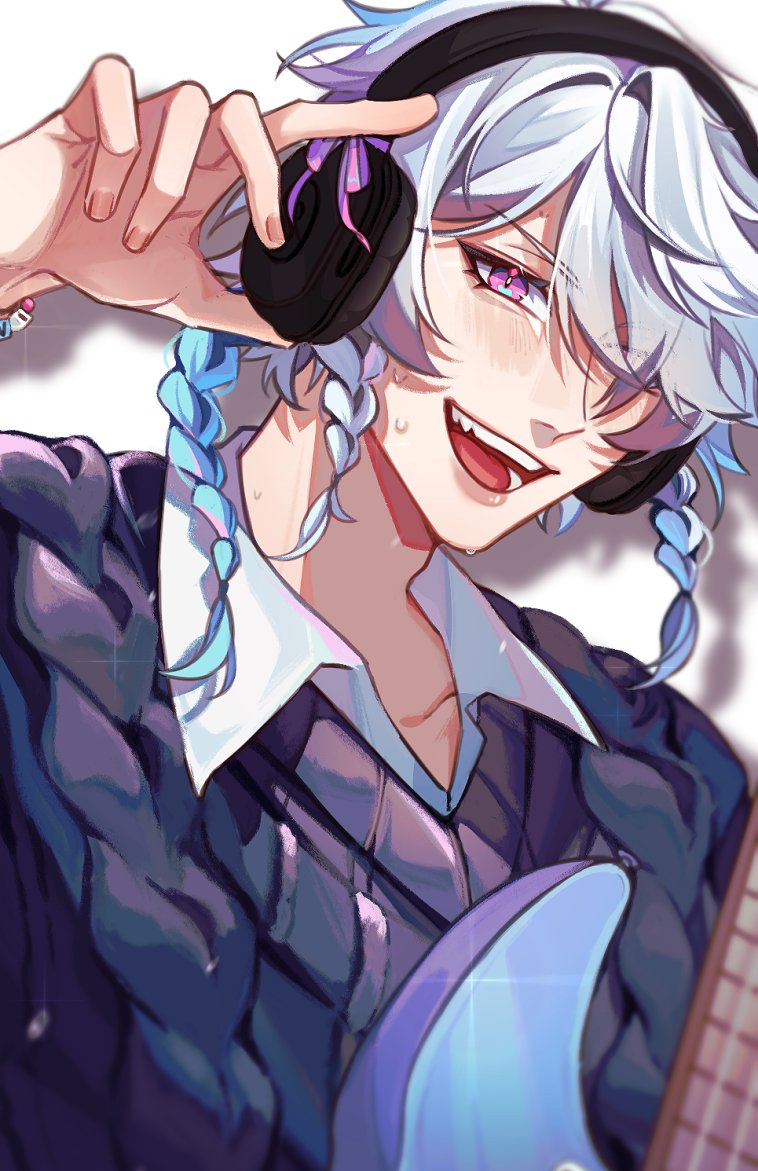 1boy, black_vest, blue_hair, braid, collared_shirt, electric_guitar, eyes_visible_through_hair, g0mmi