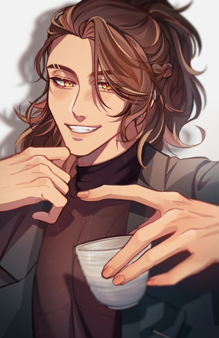 1boy, black_jacket, black_shirt, braid, brown_hair, crown_braid, cup, ear_piercing