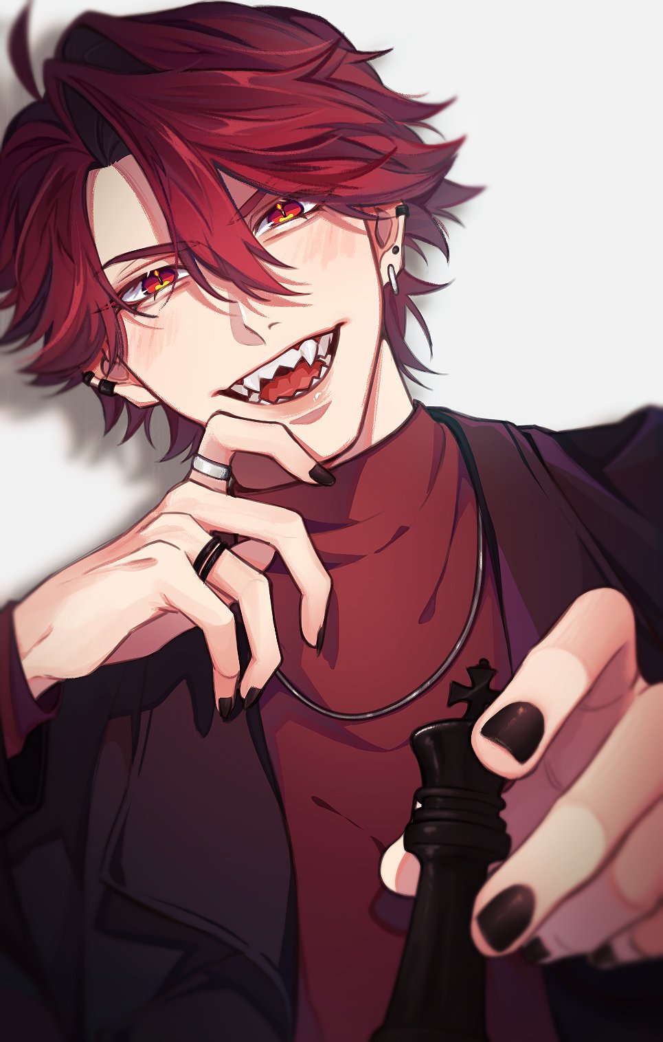 1boy, black_jacket, black_nails, chess_piece, ear_piercing, facing_viewer, g0mmi, highres