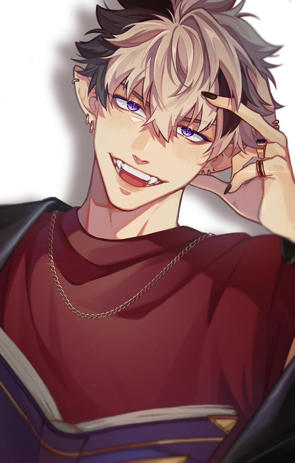 1boy, black_nails, book, brown_hair, chain, chain_necklace, crimzon_ruze, ear_piercing