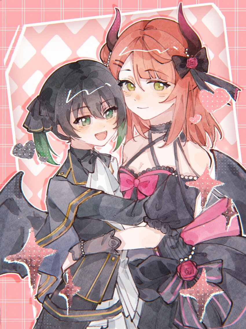 2girls, alternate_costume, black_choker, black_dress, black_hair, choker, commentary_request, demon_horns, demon_tail, dress, fake_horns, fake_tail, feet_out_of_frame, green_eyes, happy, highres, holding_hands, horns, long_hair, love_live!, love_live!_nijigasaki_high_school_idol_club, moben, multicolored_hair, multiple_girls, open_mouth, red_eyes, red_hair, smile, standing, tail, takasaki_yu, two-tone_hair, uehara_ayumu