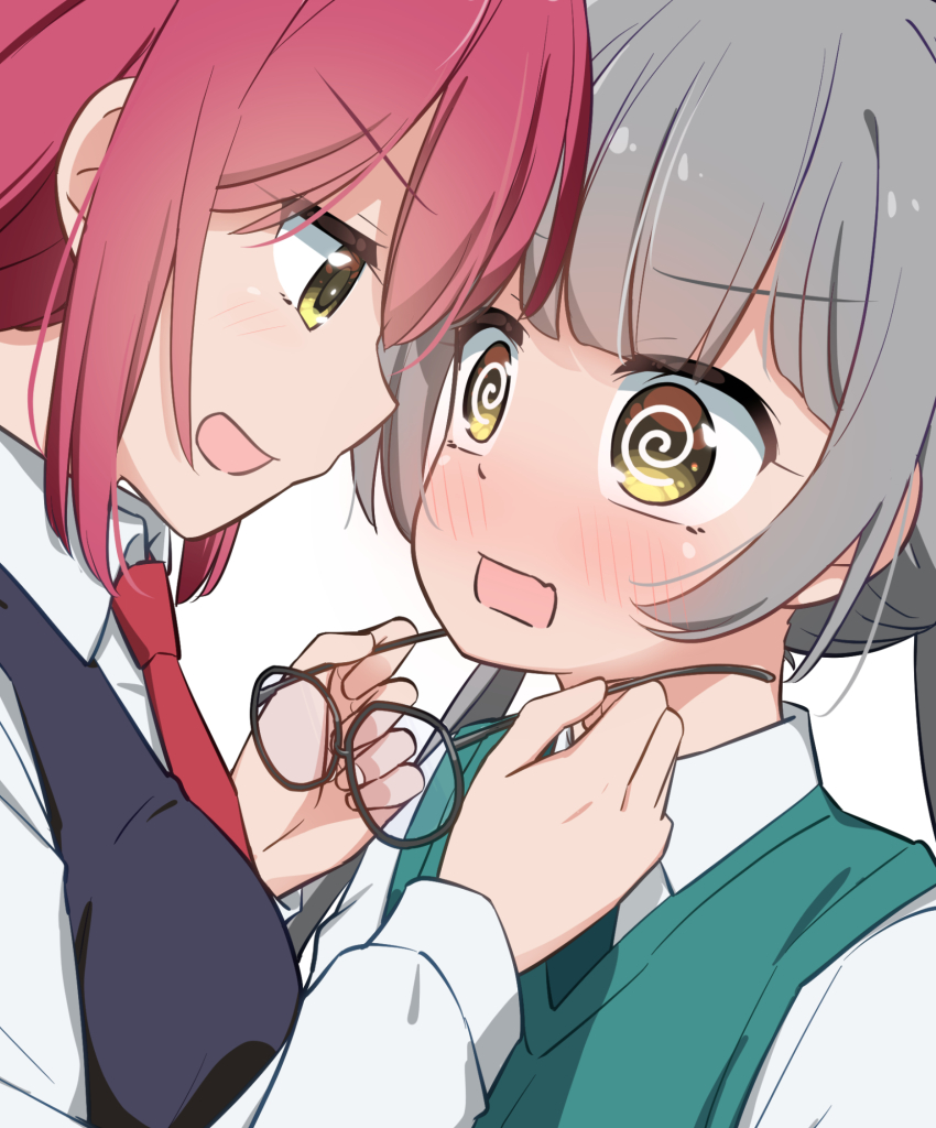 2girls, @_@, aqua_sweater_vest, bad_girl_(manga), black_sweater_vest, blush, collared_shirt, commentary_request