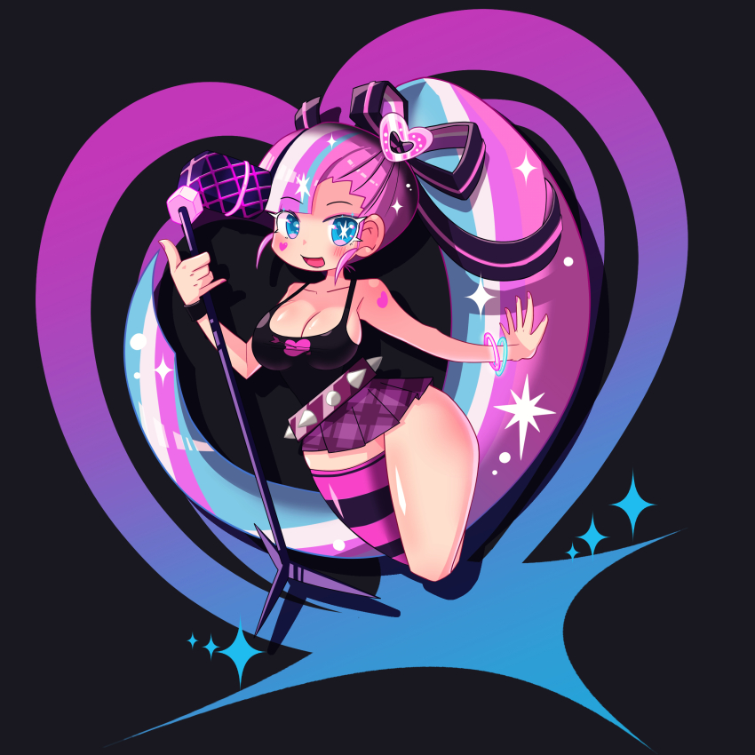 absurdres, belt, blush, bracelet, breasts, commentary_request, cookie_run, cookie_run:_kingdom, glitter, glitter_in_hair, hair_ornament, heart, heart_on_cheek, heart_tattoo, highres, holding, holding_microphone_stand, jewelry, korean_commentary, large_breasts, long_hair, microphone, microphone_stand, multicolored_hair, nothing098, pink_hair, shining_glitter_cookie, sideboob, skirt, smile, tank_top, tattoo, thick_thighs, thighhighs, thighs