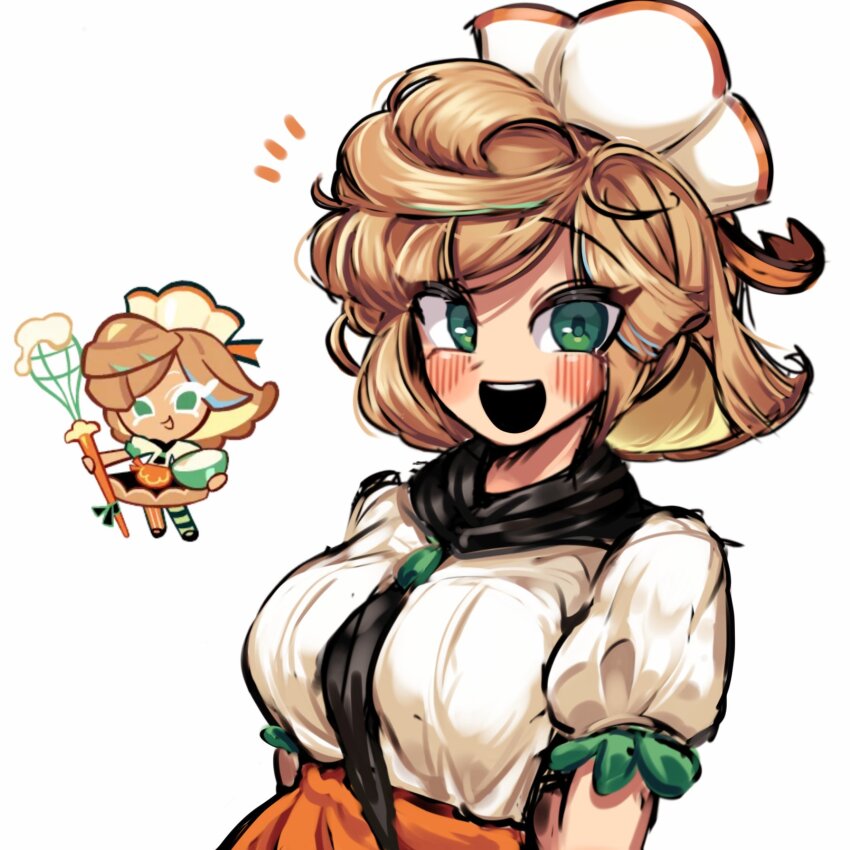 1girl, 9lfylqjnuann3vr, :d, apron, between_breasts, black_mouth, black_necktie, blonde_hair