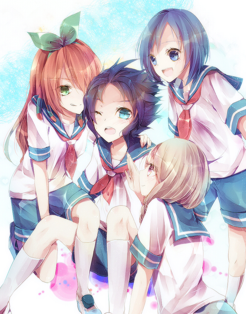 1boy, 3girls, bad_id, bad_pixiv_id, blue_eyes, blue_hair, braid, brown_hair