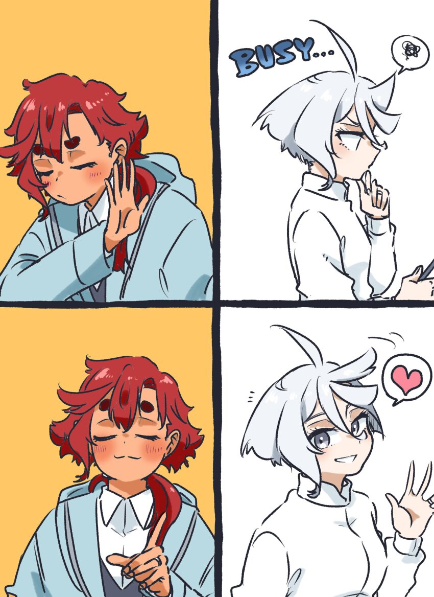 2girls, absurdres, be_go_ichi, blue_jacket, blush, closed_eyes, closed_mouth, commentary_request