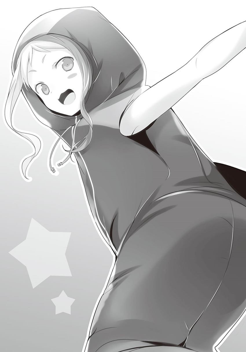 029, 1girl, :3, :d, acieth_alla, blush_stickers, cowboy_shot, greyscale