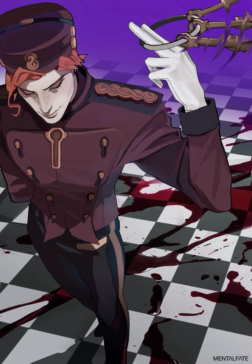 1boy, bellhop_uniform, black_pants, blood, blood_splatter, checkered_floor, closed_eyes, closed_mouth