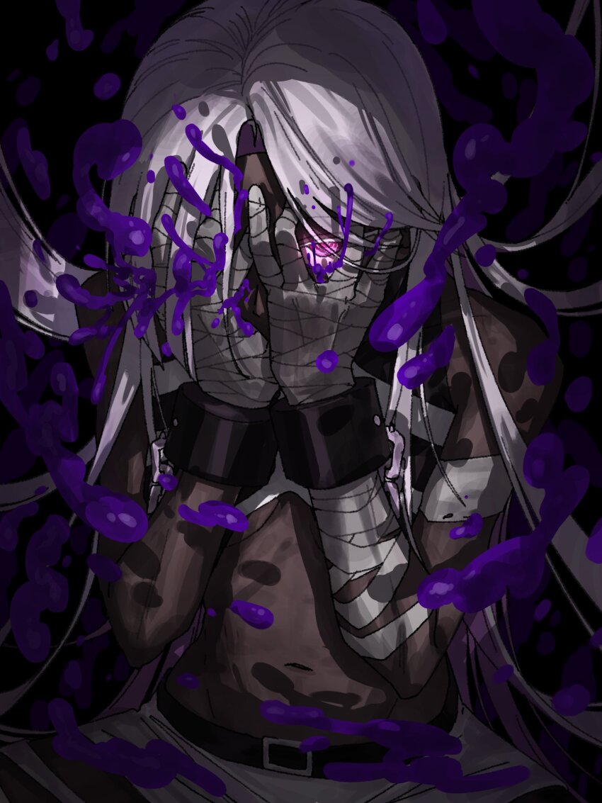 1other, bandaged_arm, bandaged_hand, bandages, belt, belt_buckle, black_background, black_belt